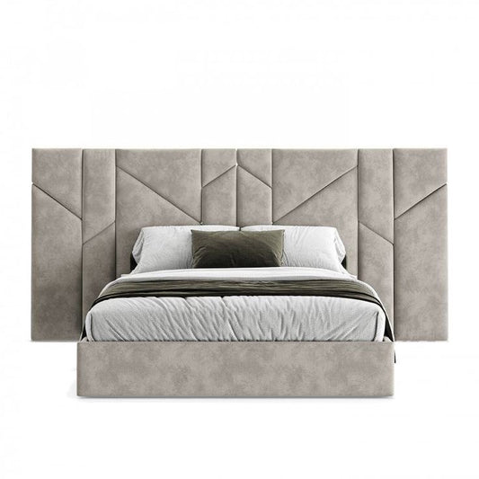 hugo bed with upholstered panelled headboard and contemporary neutral fabric