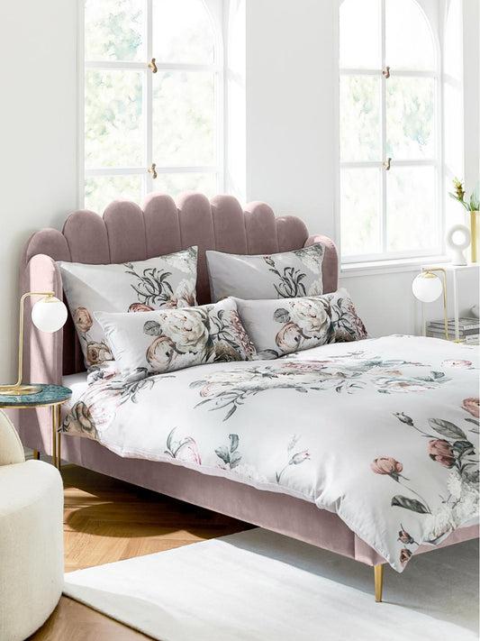 modern bed with soft upholstery and minimalist silhouette