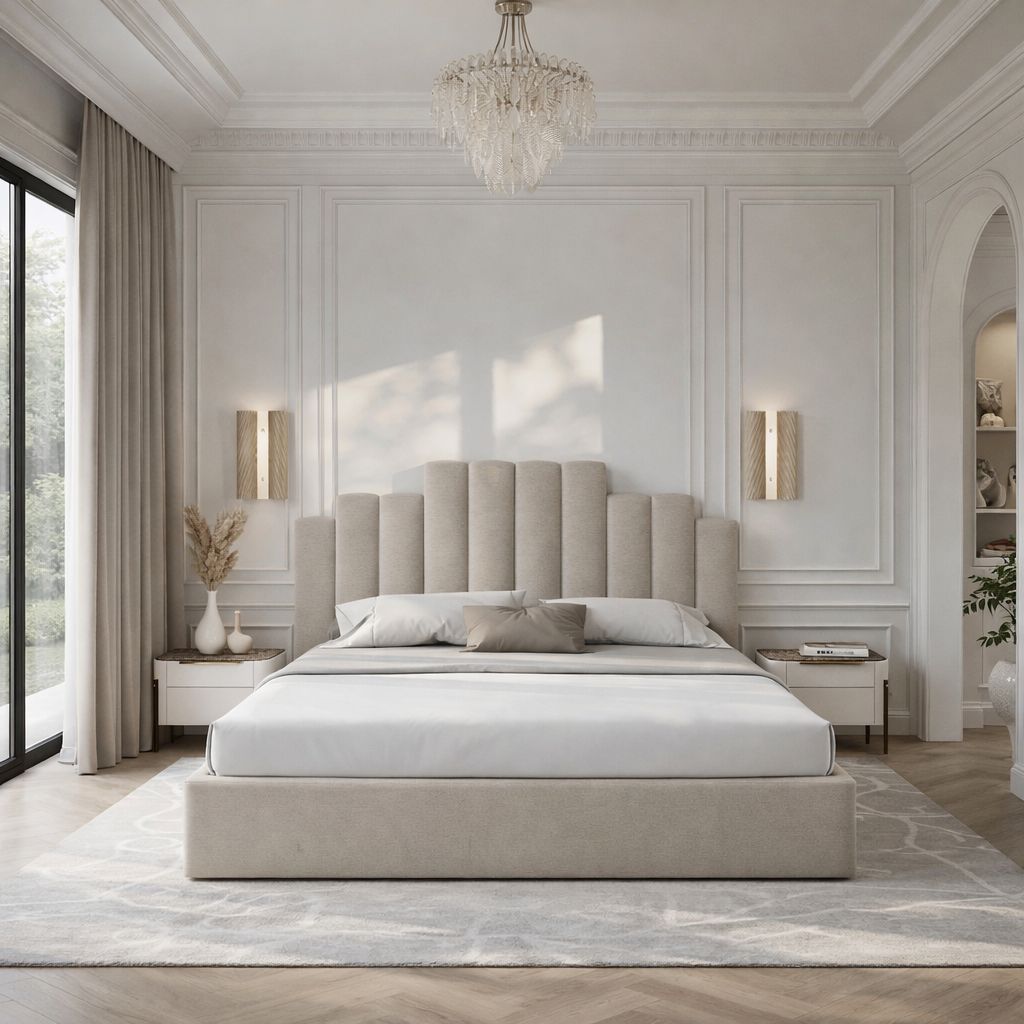 contemporary platform bed with layered headboard and soft upholstery