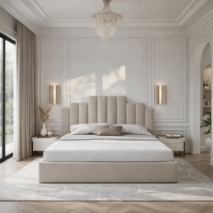 contemporary platform bed with layered headboard and soft upholstery