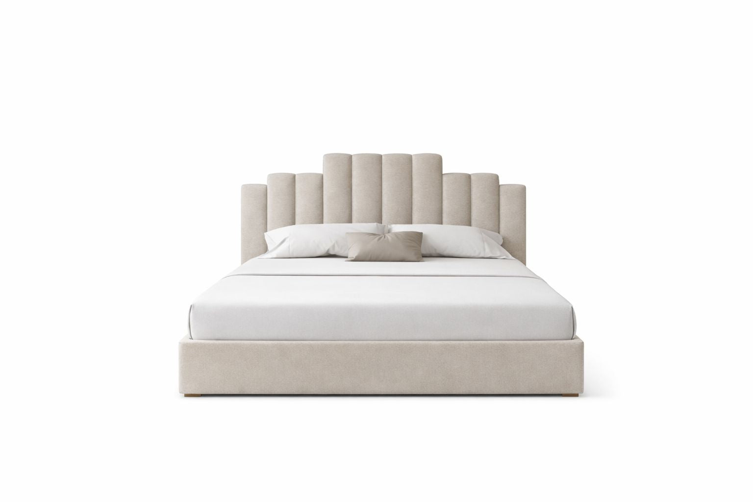 kora upholstered bed with tiered rounded headboard and modern base
