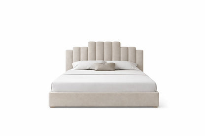 kora upholstered bed with tiered rounded headboard and modern base