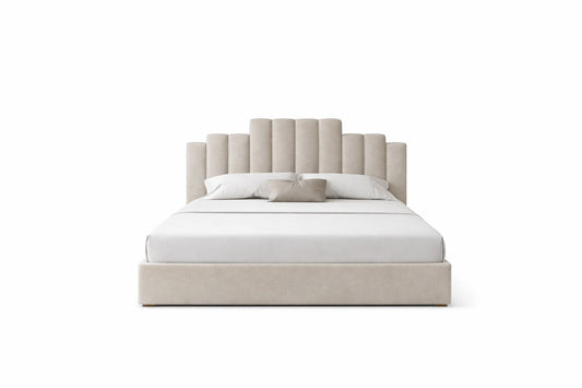 kora upholstered bed with tiered rounded headboard and modern base