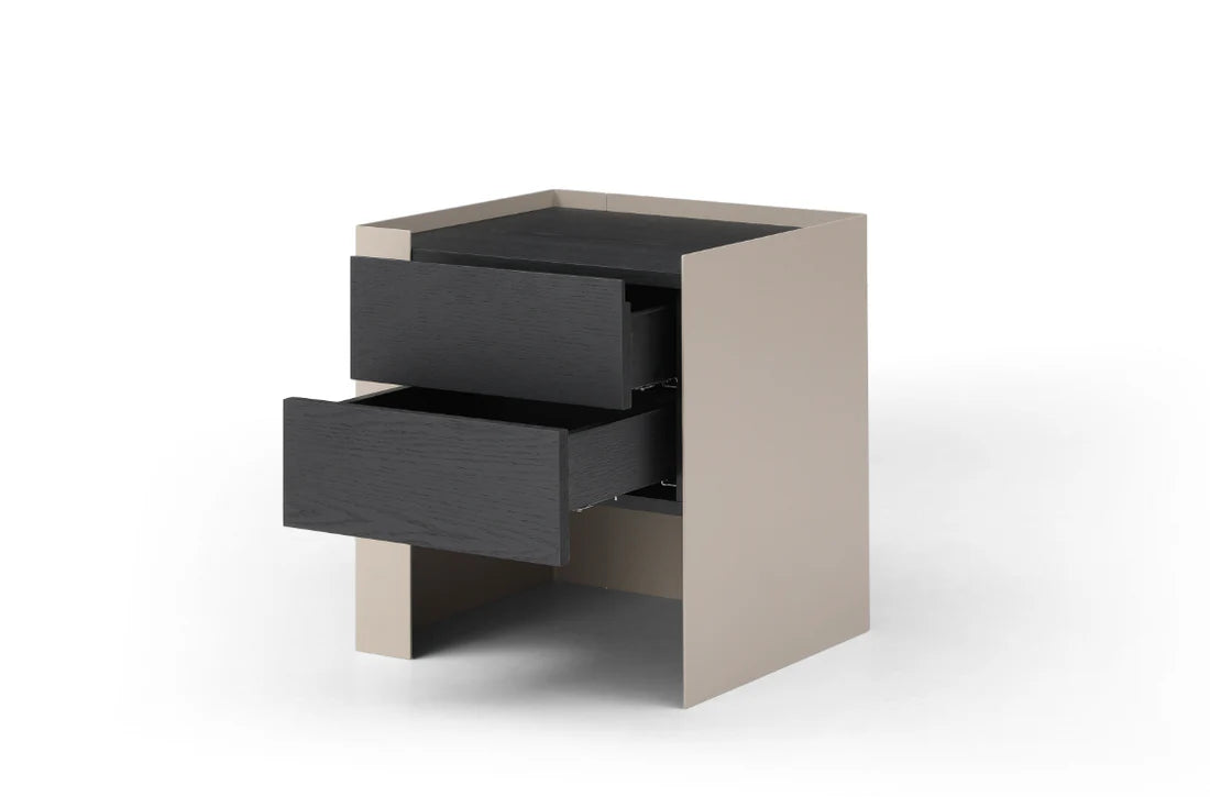 Two-toned nightstand with open drawer on a white background