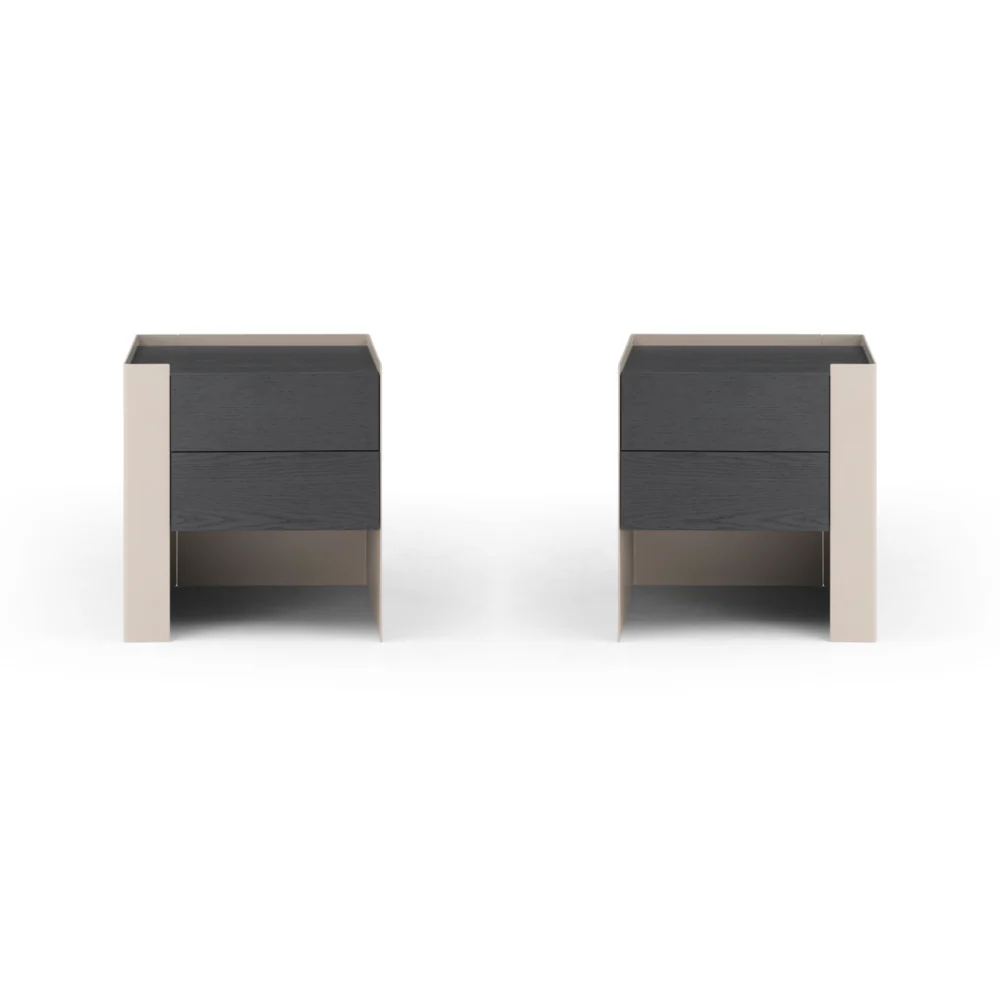 Two modern nightstands with dark drawers and light frames on a white background
