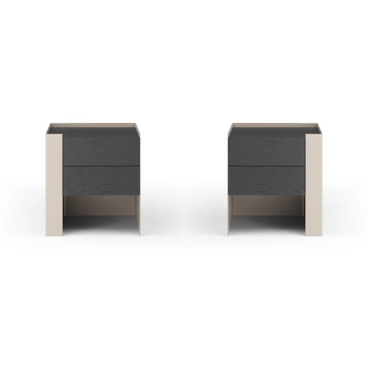 Two modern nightstands with dark drawers and light frames on a white background