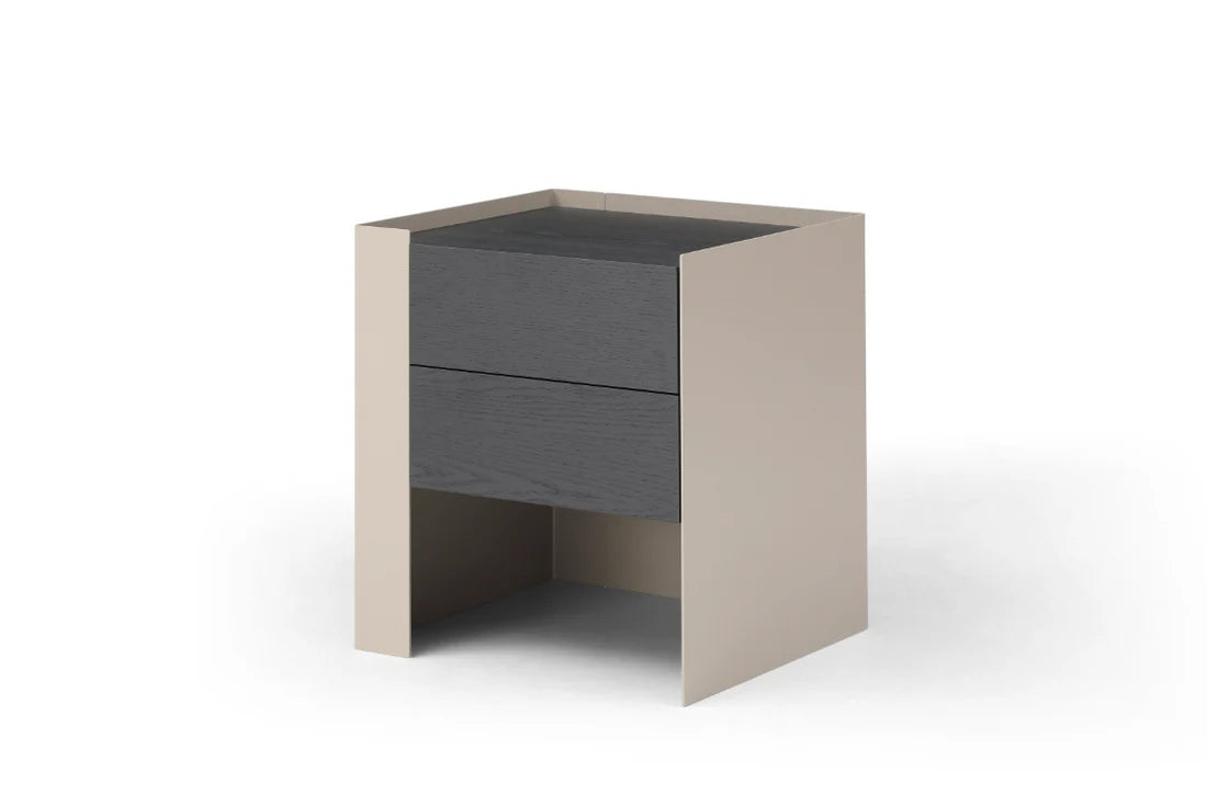 An angled detail shot emphasising the quality materials, elegant finish, and contemporary design that define the Kota Bedside Tables.