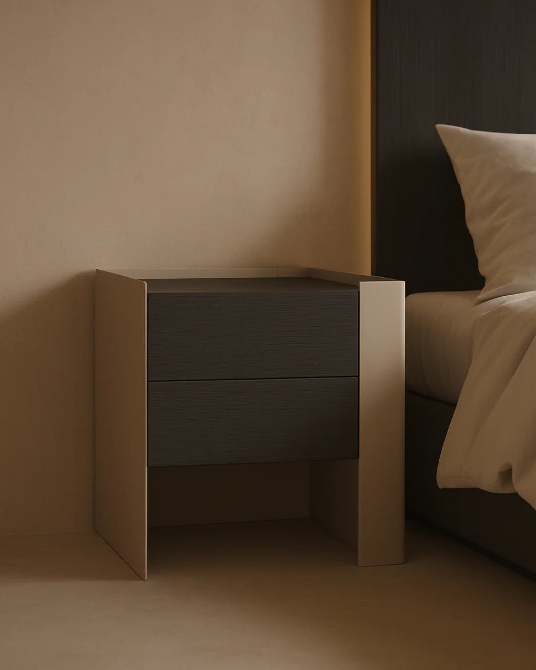 Modern nightstand with two drawers in a minimalistic bedroom setting.