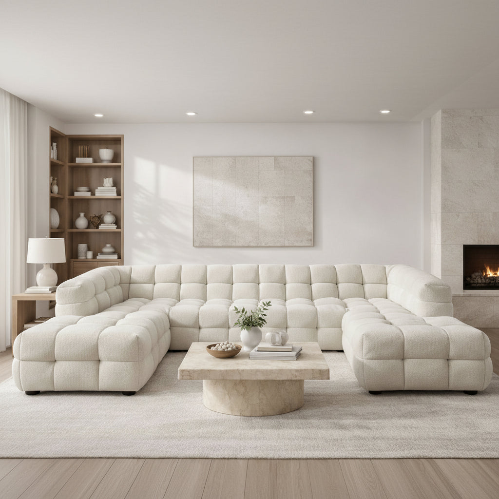 A sculptural, contemporary U-shaped design in soft boucle, featuring deep channel tufting and a spacious layout for refined, modern living.