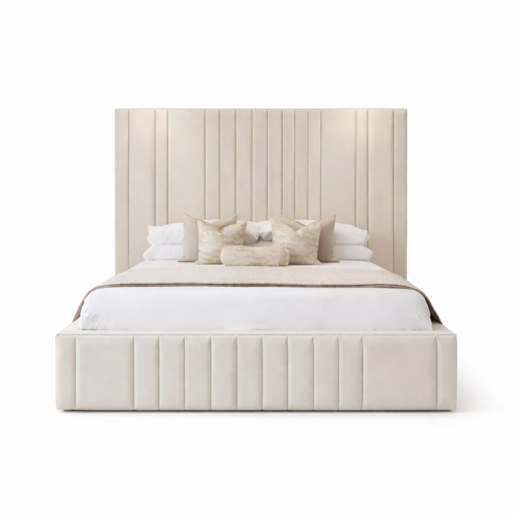 lino bed with vertical channel headboard and upholstered base