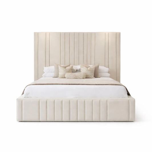 lino bed with vertical channel headboard and upholstered base