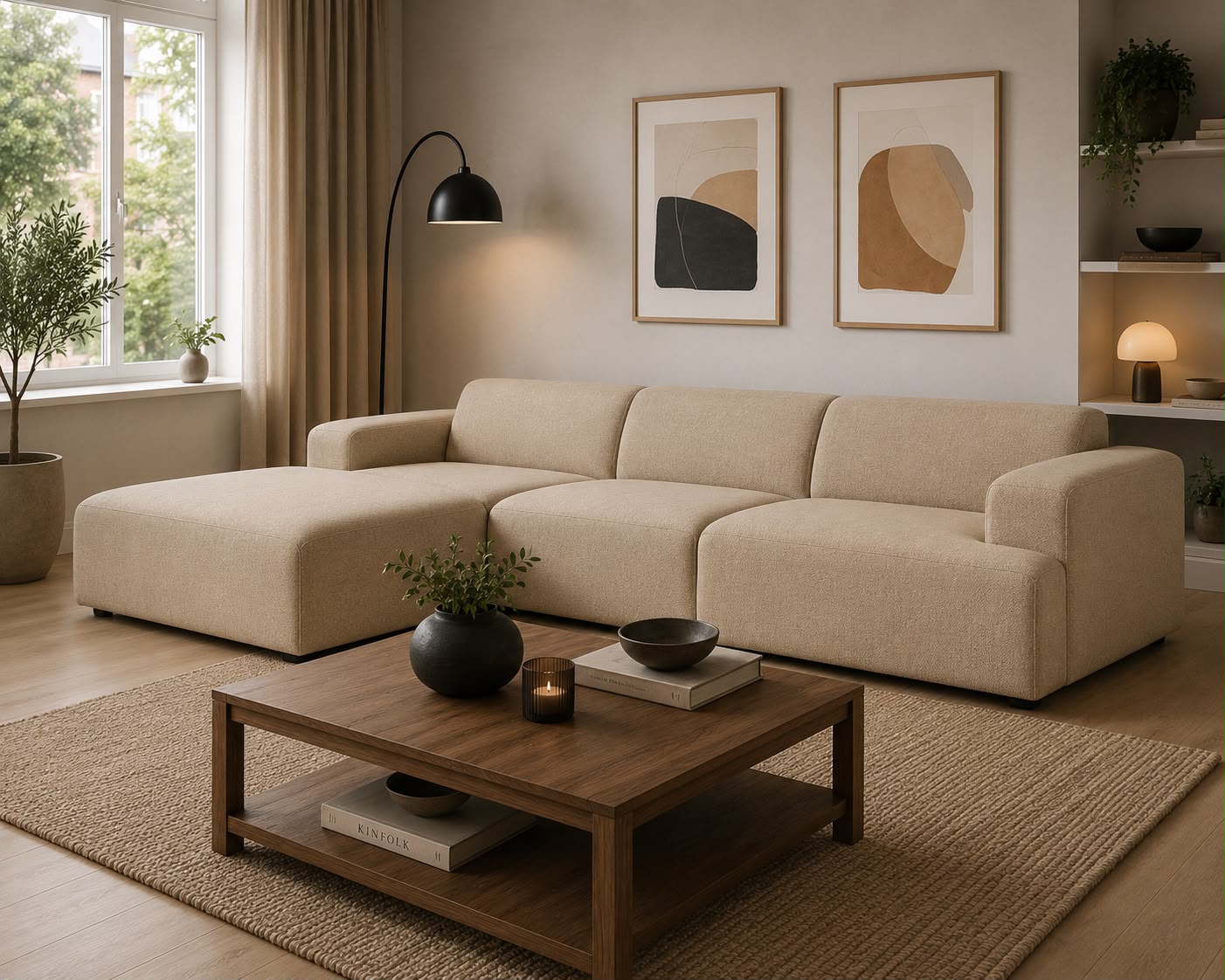 Beige sectional sofa in a living room with a wooden coffee table, lamp, and framed art on the wall.