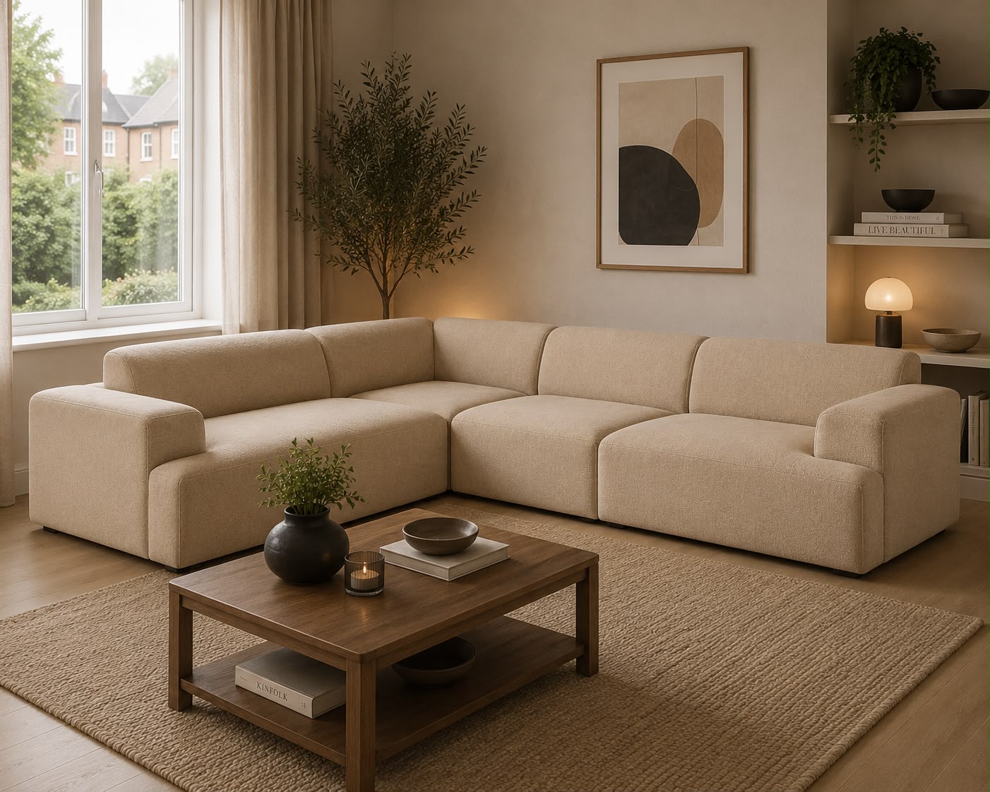 Beige sectional sofa in a living room with a wooden coffee table, plants, and a lamp.