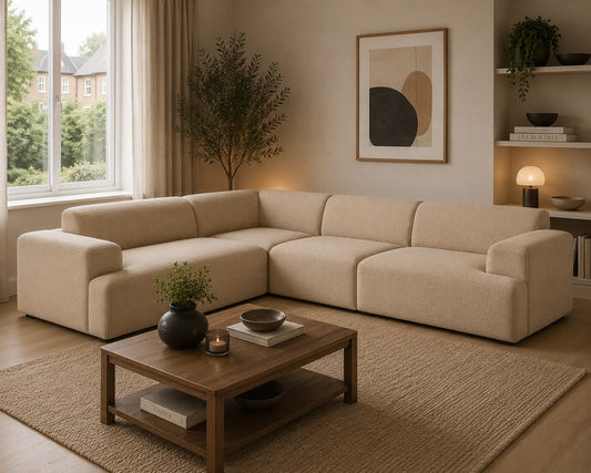 Beige sectional sofa in a living room with a wooden coffee table, plants, and a lamp.