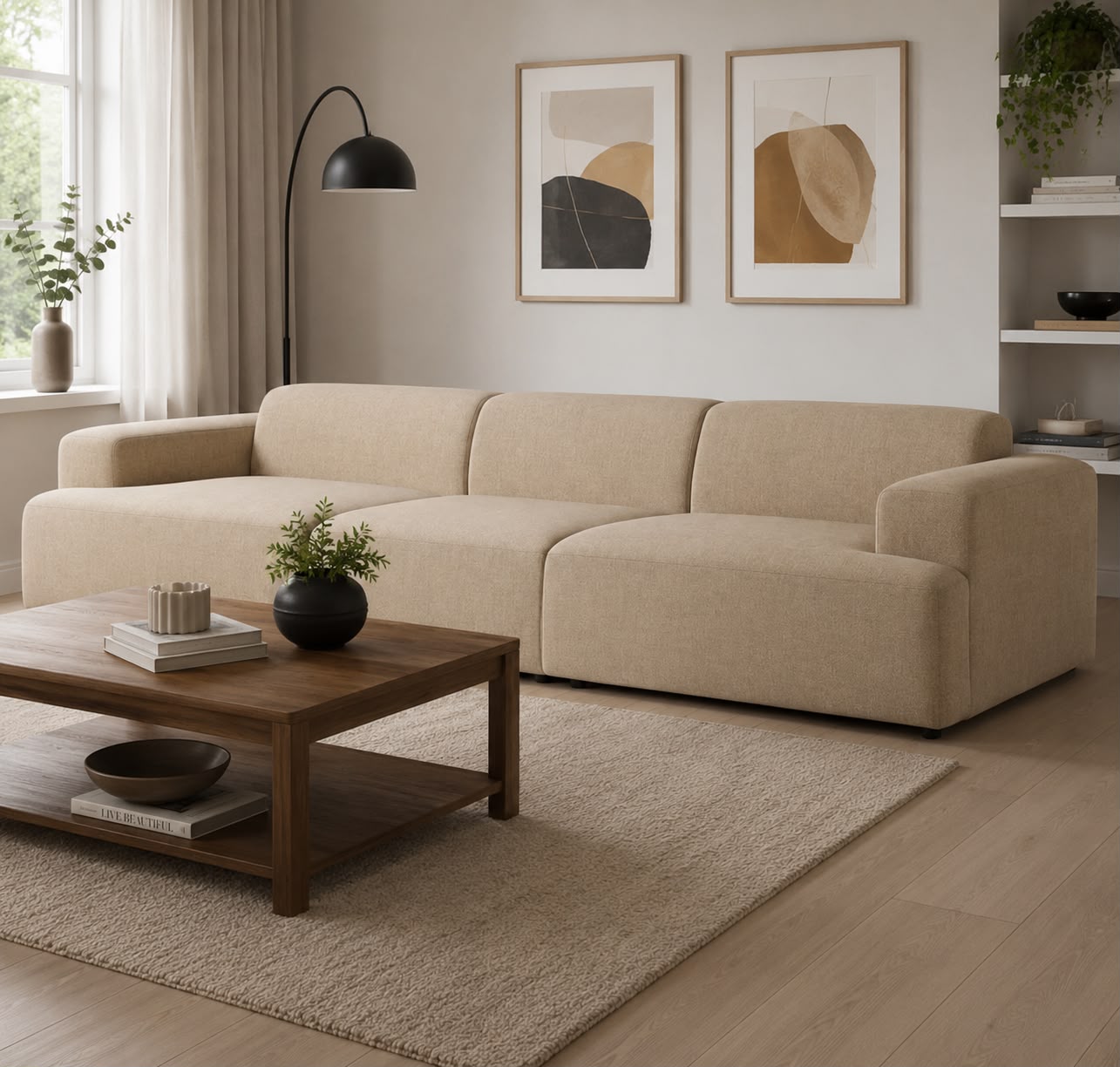 Beige sectional sofa in a living room with a wooden coffee table, rug, and wall art.