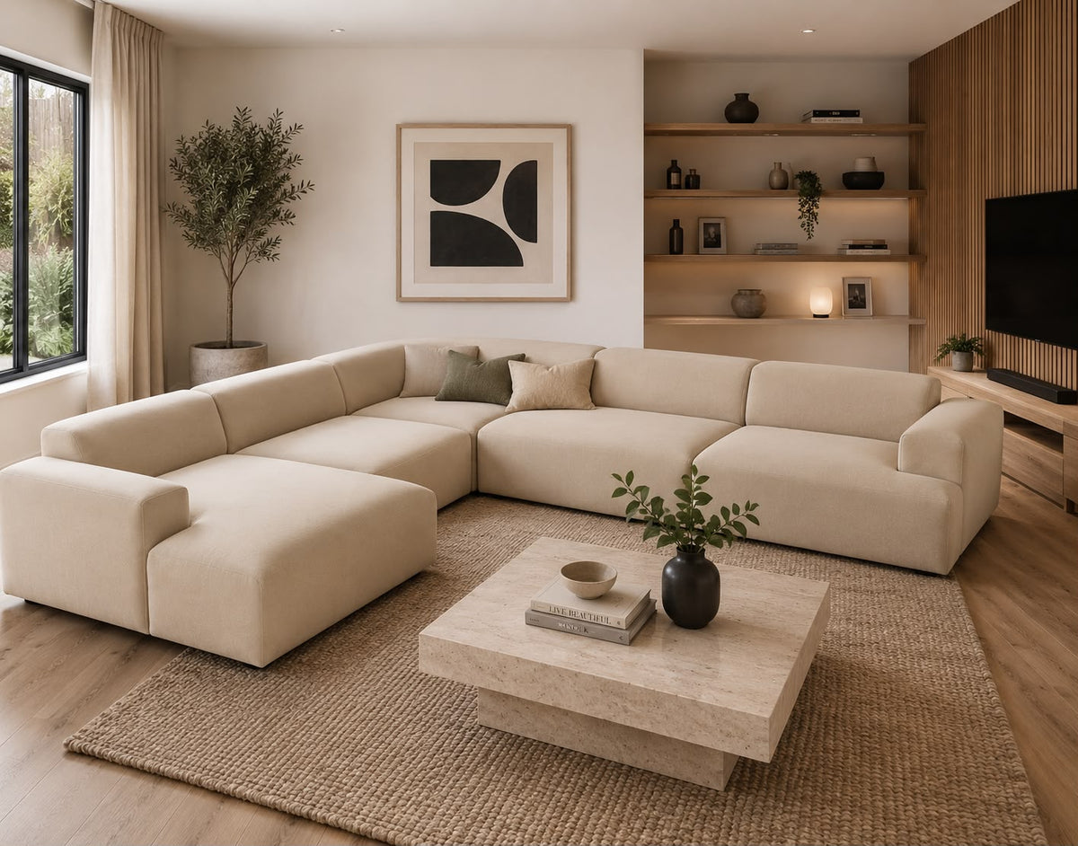 Modern living room with a beige sectional sofa, coffee table, and decorative elements.