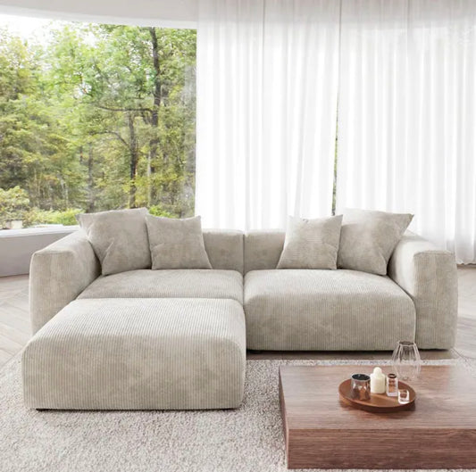two seat modular sofa with coordinating footstool ideal for relaxing and adaptable interiors
