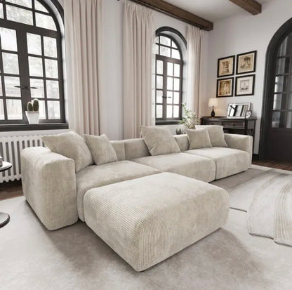 three seat modular sofa with footstool perfect for relaxing, entertaining, and adaptable room layouts

