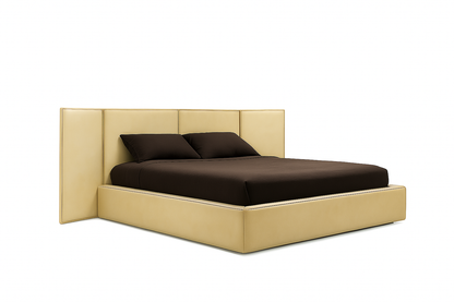 custom upholstered bed with wide headboard panels and elegant bedroom setting