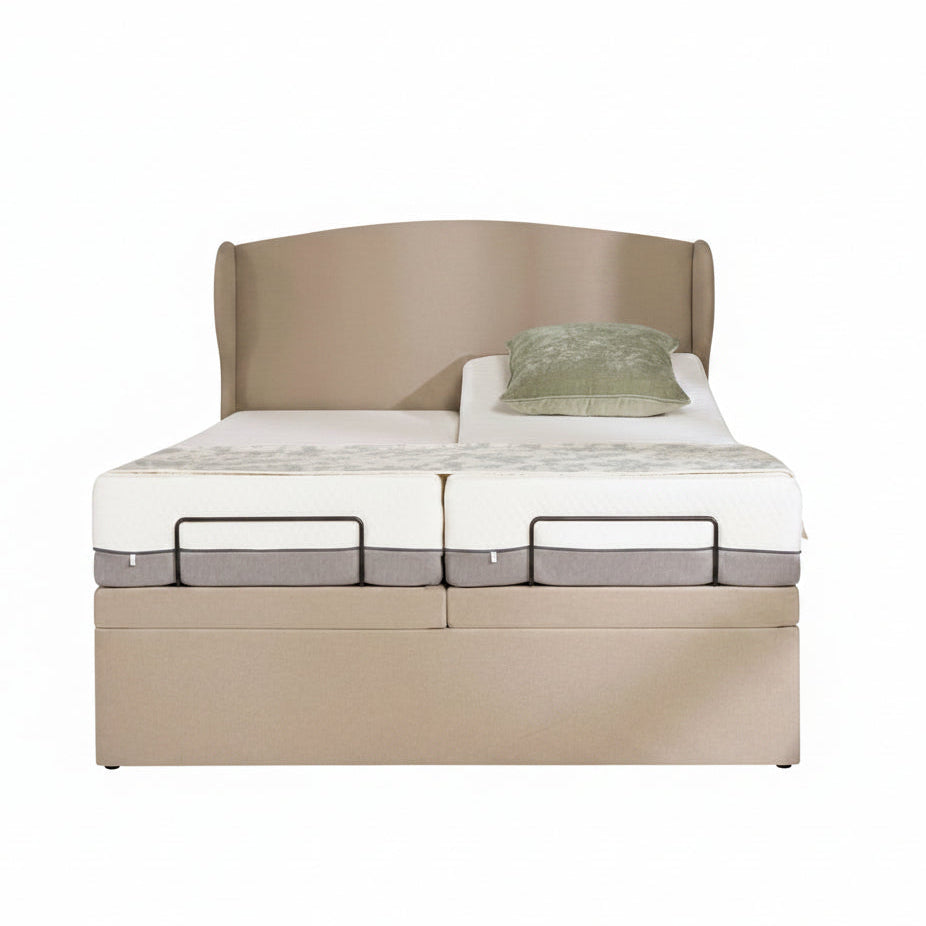 MOVA adjustable bed with curved winged upholstered headboard and adjustable base system
