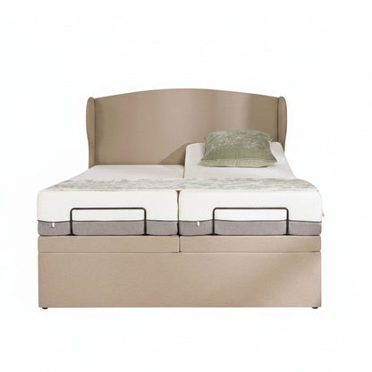 MOVA adjustable bed with curved winged upholstered headboard and adjustable base system
