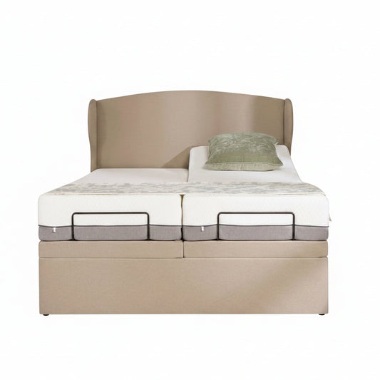 MOVA adjustable bed with curved winged upholstered headboard and adjustable base system
