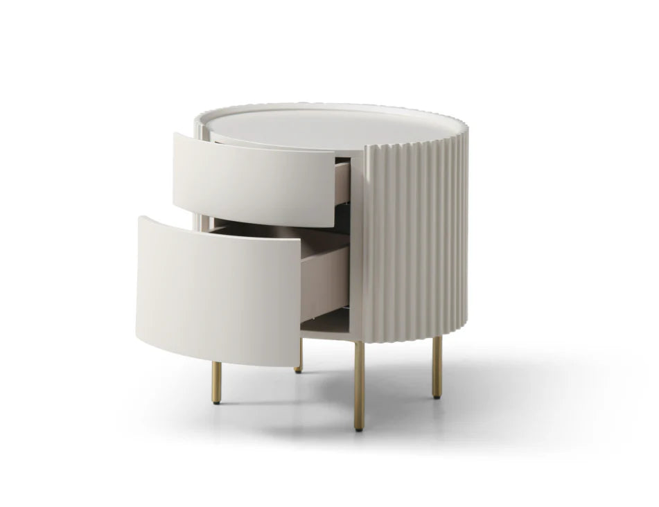 Modern side table with round design and ribbed texture on a white background