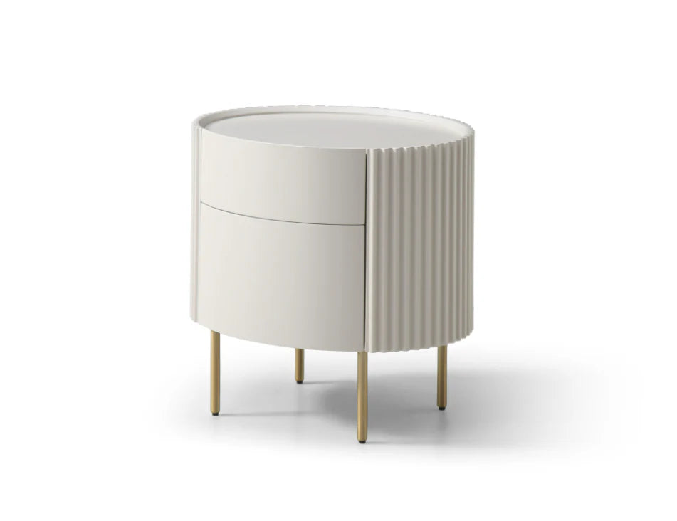 Modern side table with white cylindrical design and gold legs on a white background