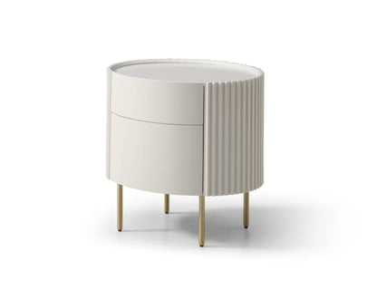 Modern side table with white cylindrical design and gold legs on a white background