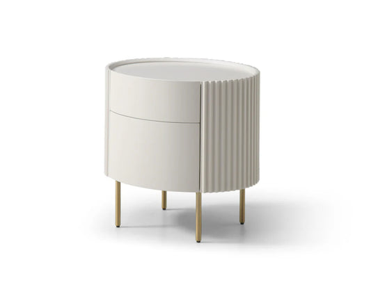 Modern side table with white cylindrical design and gold legs on a white background
