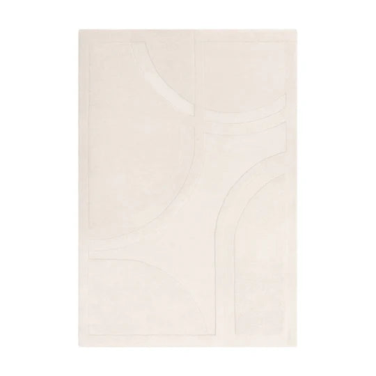 The Marcella Rug is shown in a full top-down studio view on a clean white background, highlighting its 100% New Zealand wool composition, soft ivory tone, and refined minimalist design.
