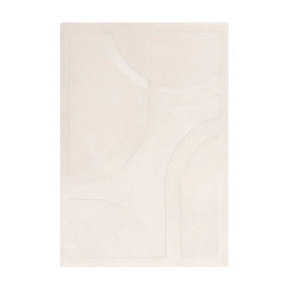 The Marcella Rug is shown in a full top-down studio view on a clean white background, highlighting its 100% New Zealand wool composition, soft ivory tone, and refined minimalist design.