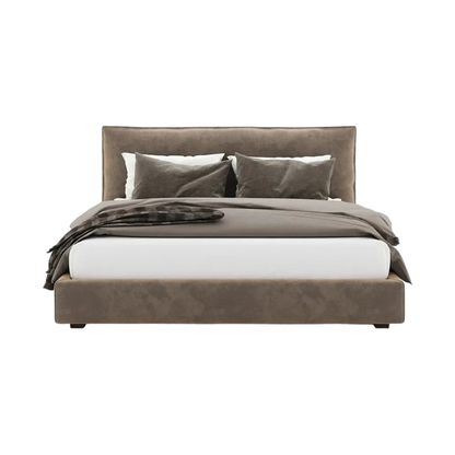  modern upholstered bed with structured headboard and minimalist base