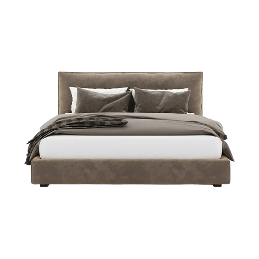  modern upholstered bed with structured headboard and minimalist base