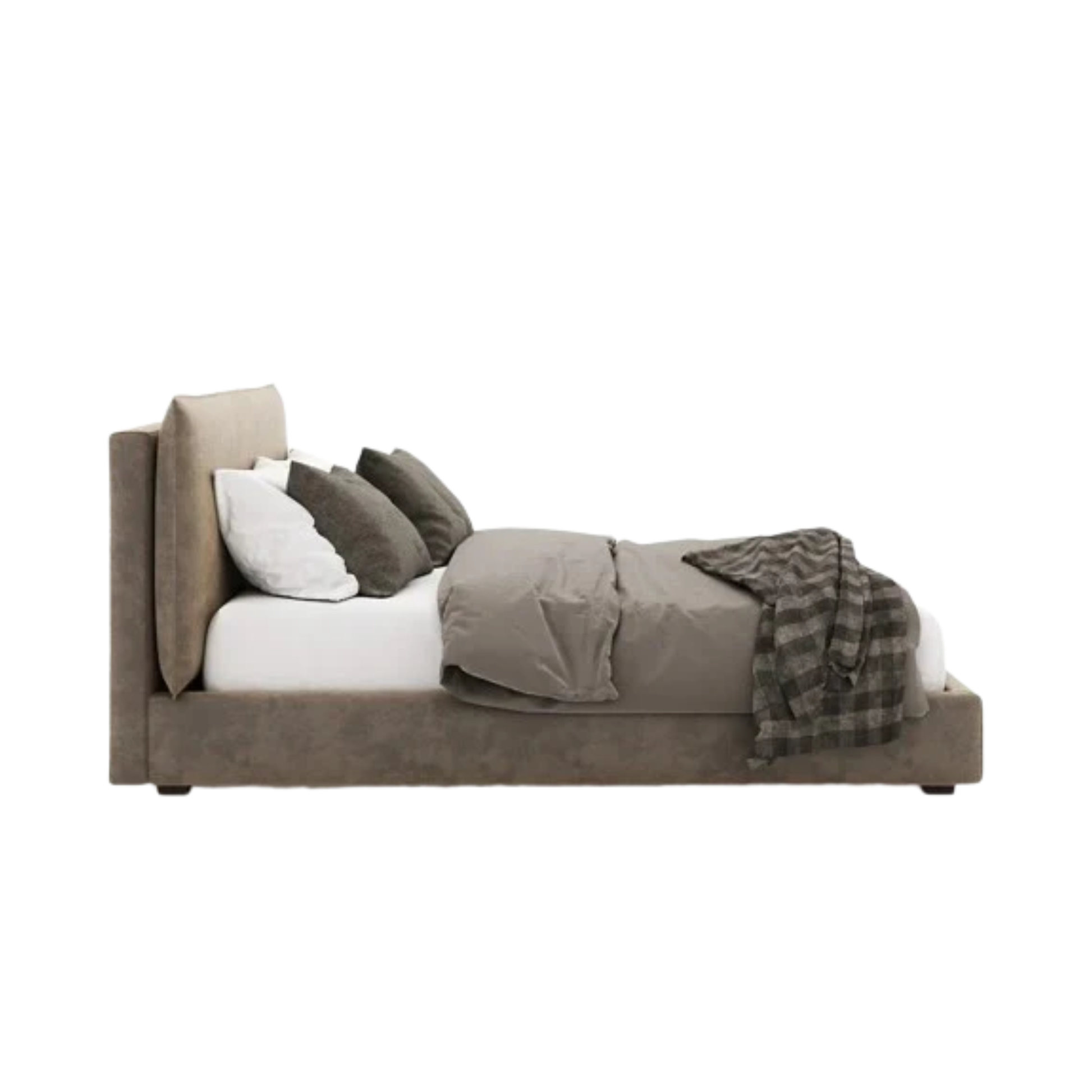 contemporary bed with panelled headboard and neutral fabric finish