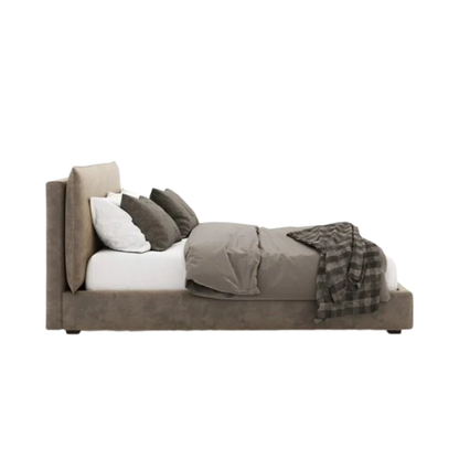 contemporary bed with panelled headboard and neutral fabric finish