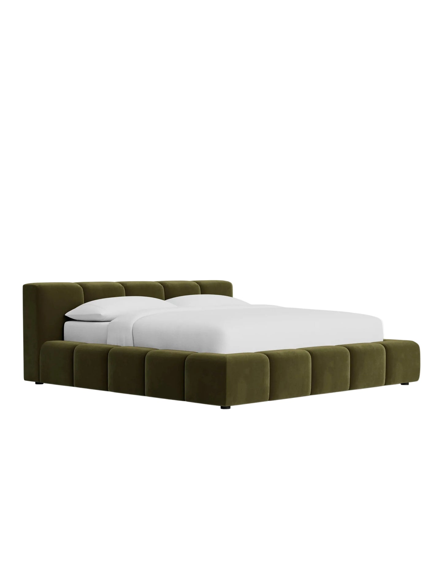 Contemporary upholstered bed frame with deep channel panel headboard and architectural block style silhouette