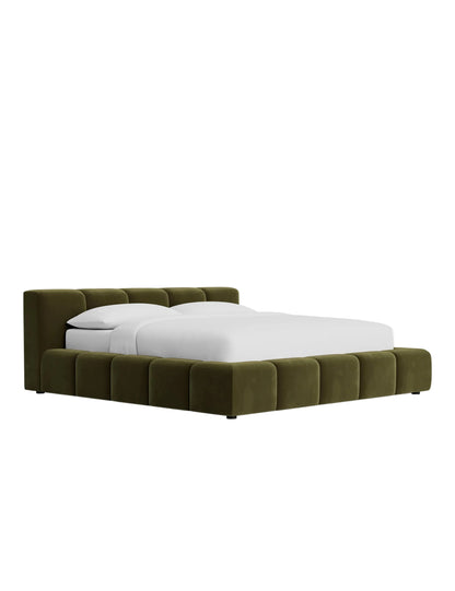 Contemporary upholstered bed frame with deep channel panel headboard and architectural block style silhouette