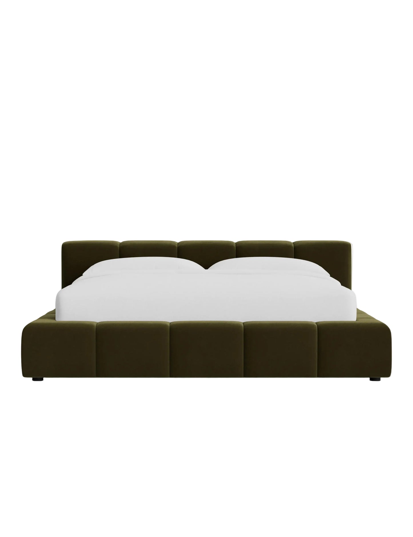 Front view of Miles bed showcasing oversized padded panels and low profile platform base