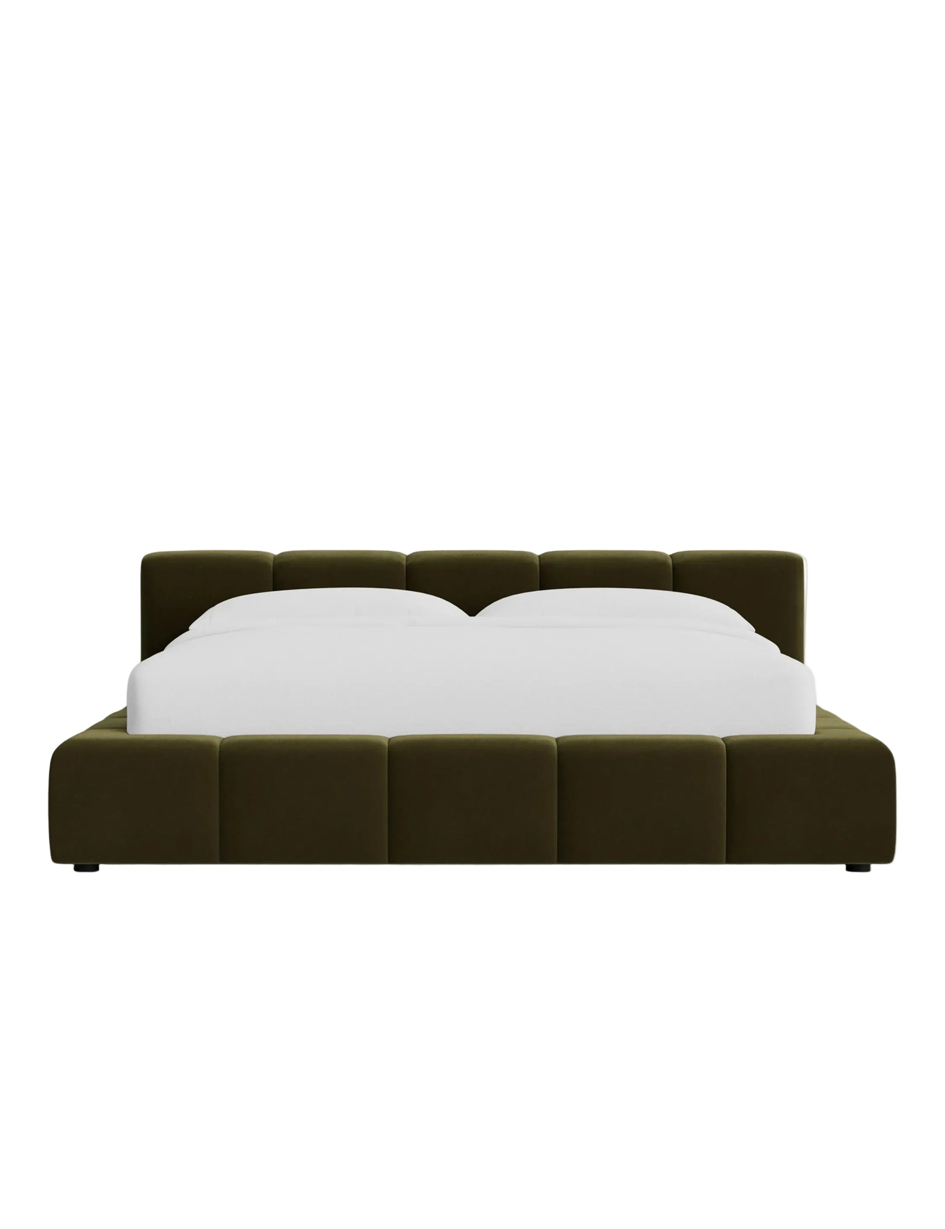Front view of Miles bed showcasing oversized padded panels and low profile platform base