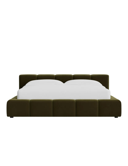 Front view of Miles bed showcasing oversized padded panels and low profile platform base