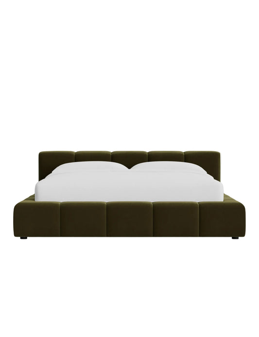Front view of Miles bed showcasing oversized padded panels and low profile platform base