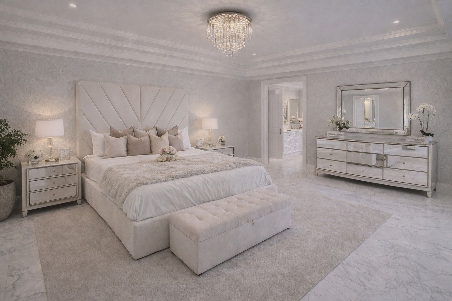 contemporary bed with geometric headboard and soft neutral fabric

