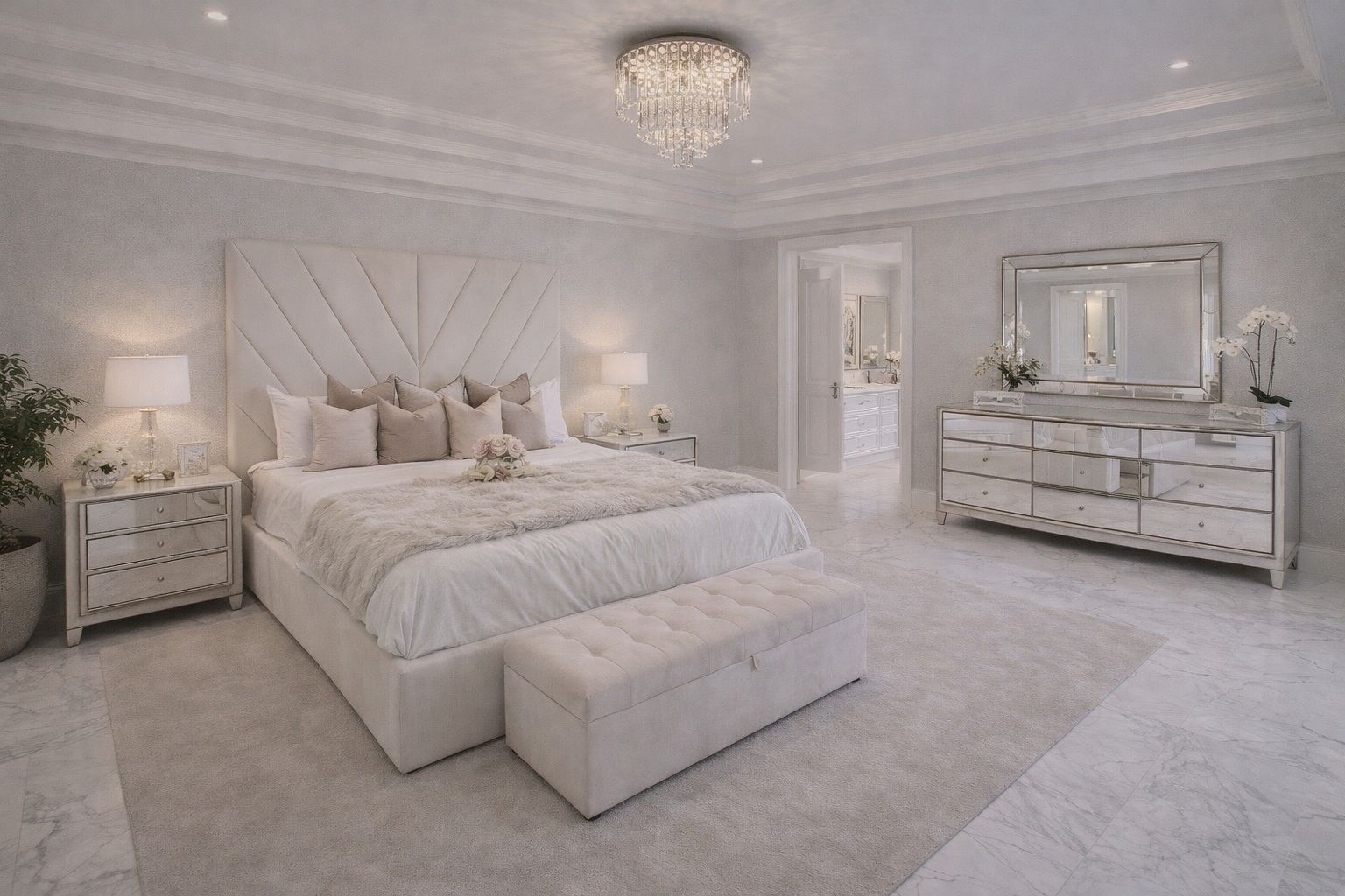contemporary bed with geometric headboard and soft neutral fabric
