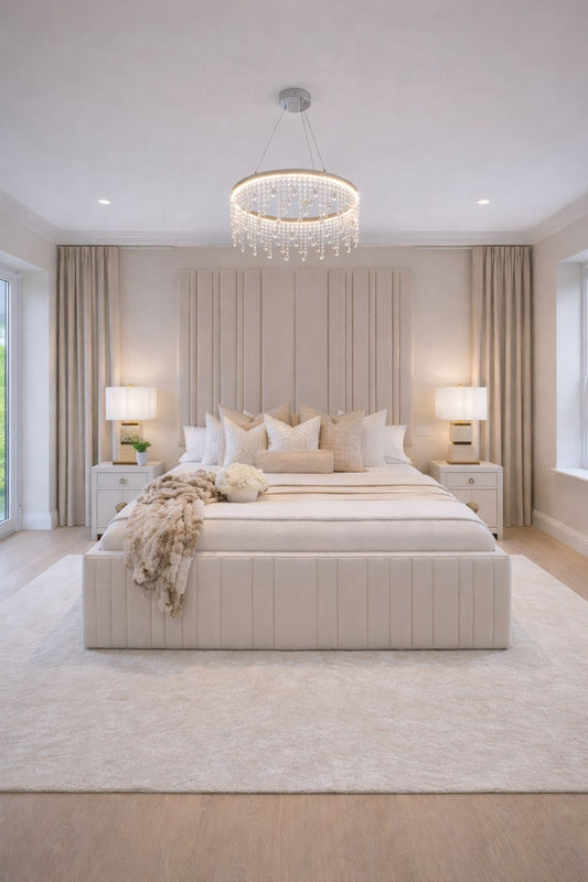 contemporary bed with vertical headboard panels and balanced design