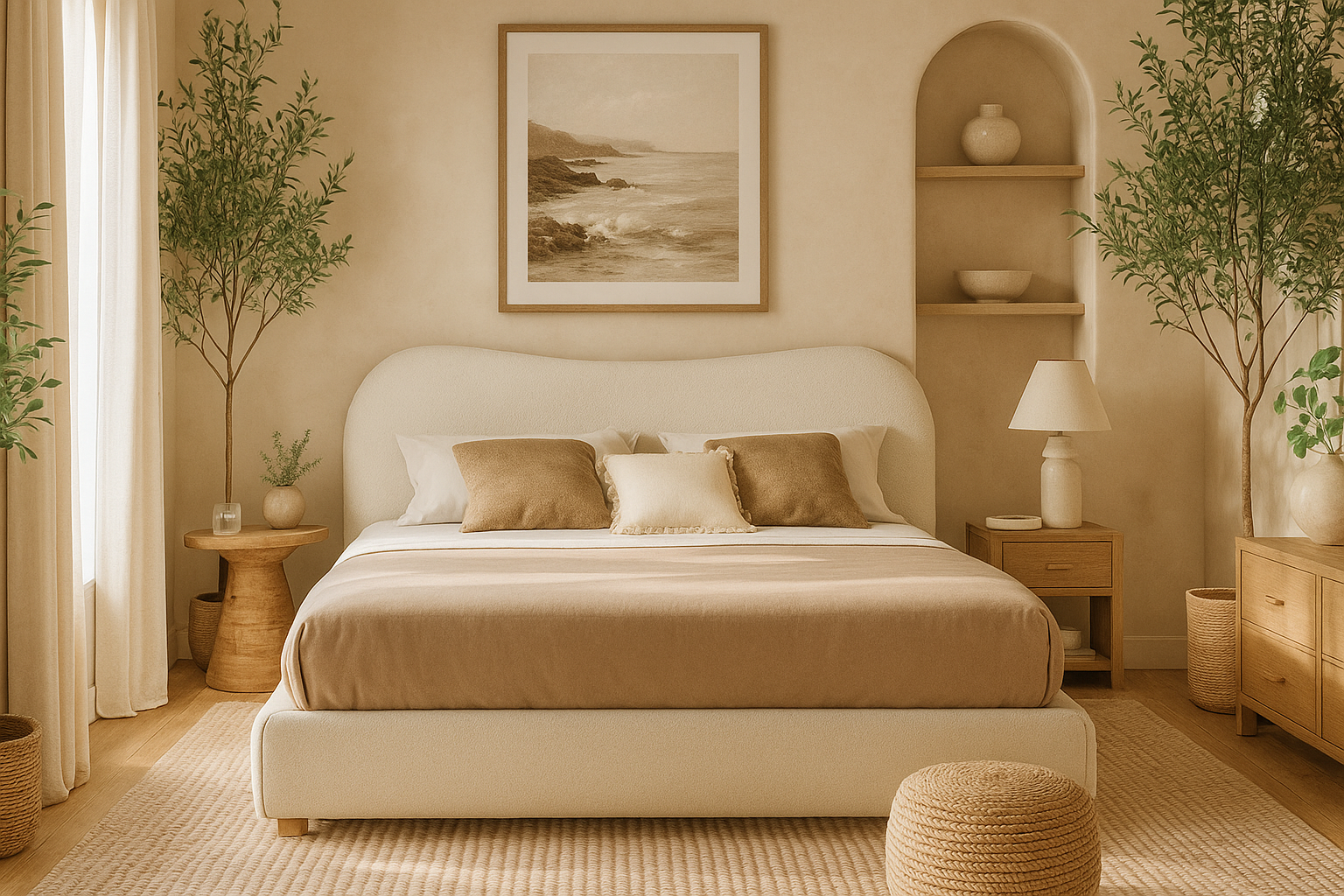 contemporary bed with curved headboard and minimalist upholstered design