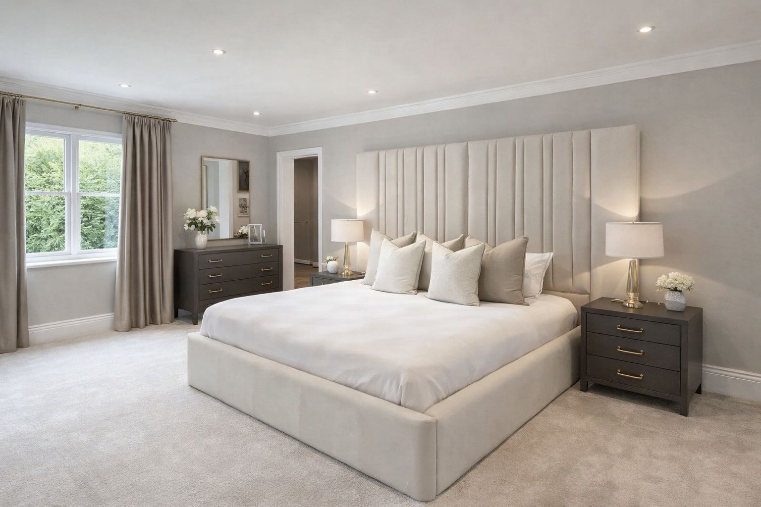 contemporary bed with vertical headboard panels and neutral fabric finish