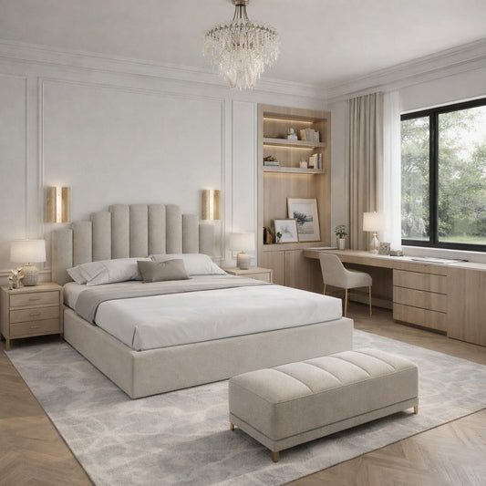 sculptural bed frame with vertical panel headboard in neutral fabric
