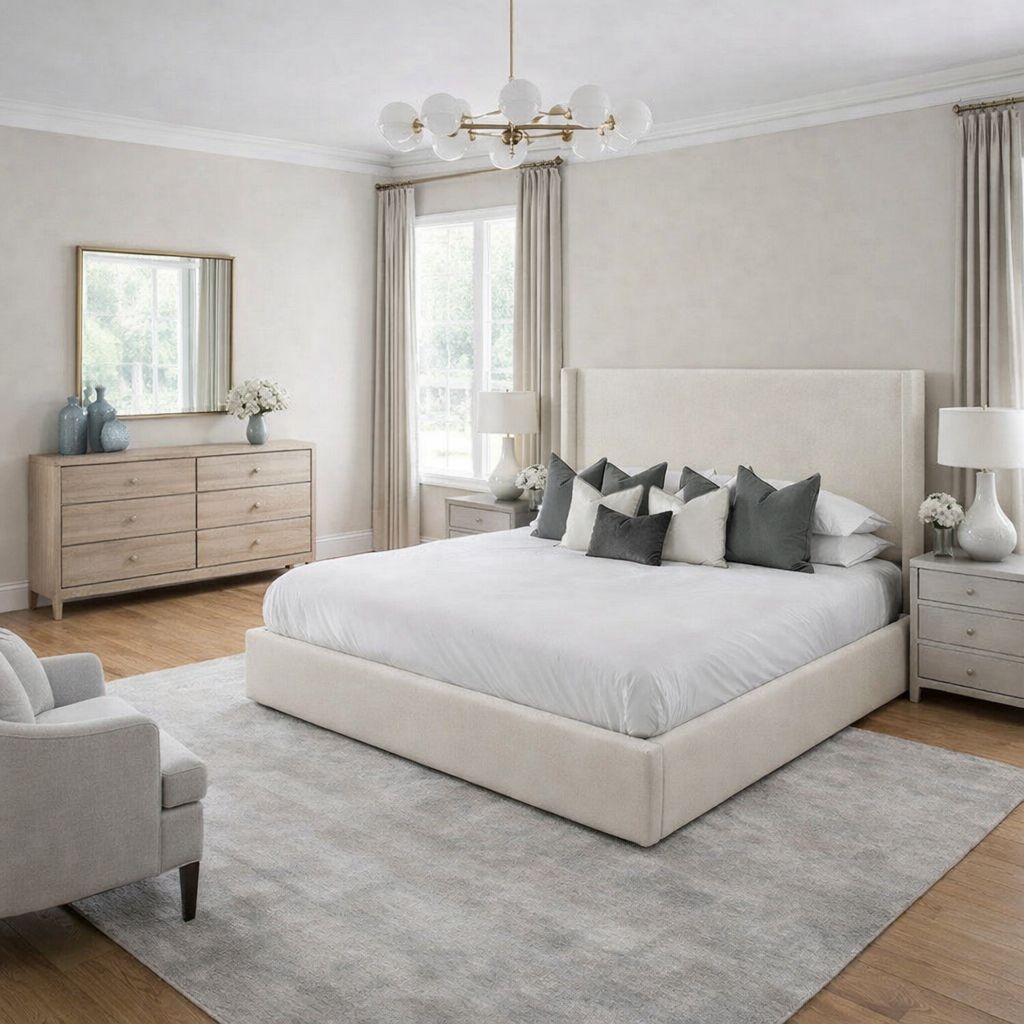 contemporary upholstered bed with clean silhouette and low profile base