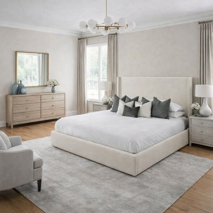 contemporary upholstered bed with clean silhouette and low profile base